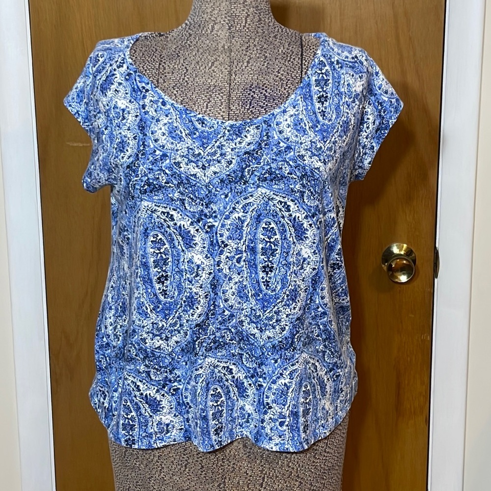 Liz Claiborne Womens Large Blue and White Short Sleeve Blouse